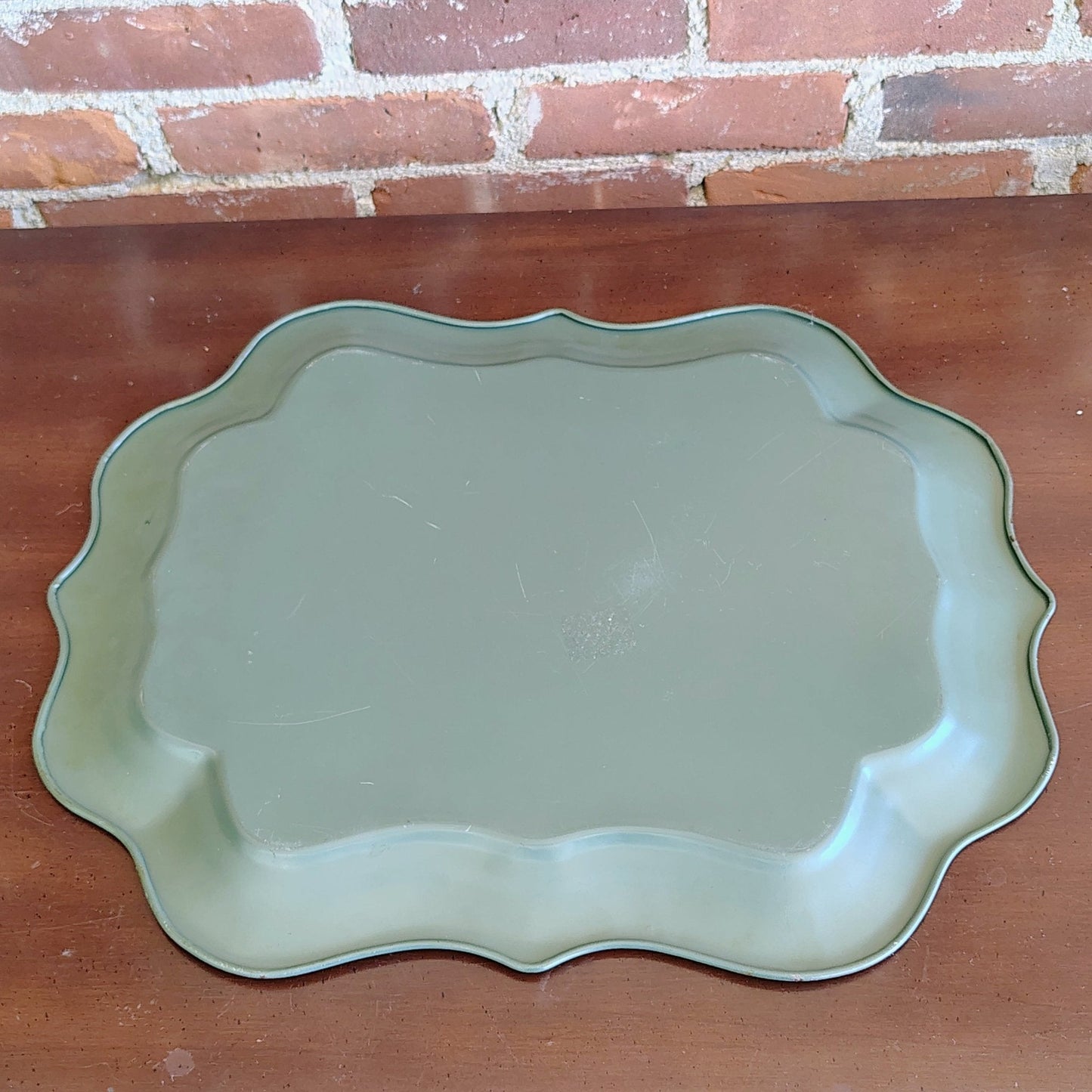 Nashco Products Hand-Painted Toleware Tray — Floral on Sage Green, Scalloped, 17"W x 13"H, c. 1950s - Loom Vintage