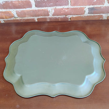 Nashco Products Hand-Painted Toleware Tray — Floral on Sage Green, Scalloped, 17"W x 13"H, c. 1950s - Loom Vintage