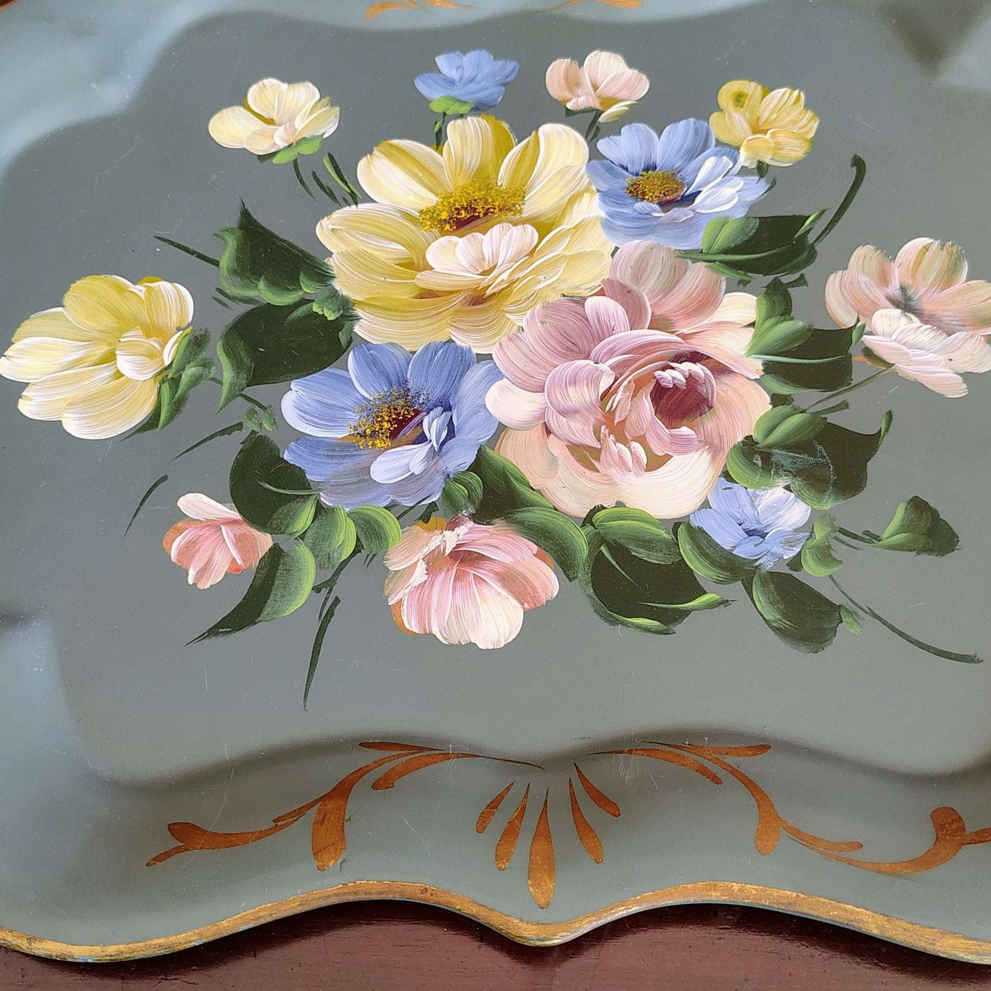 Nashco Products Hand-Painted Toleware Tray — Floral on Sage Green, Scalloped, 17"W x 13"H, c. 1950s - Loom Vintage