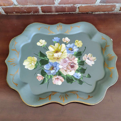 Nashco Products Hand-Painted Toleware Tray — Floral on Sage Green, Scalloped, 17"W x 13"H, c. 1950s - Loom Vintage