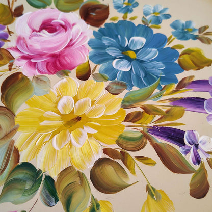 Nashco Products Hand - Painted Toleware Tray, Signed "Van" — Floral, Beige, 19.5" × 14.25" - Loom Vintage