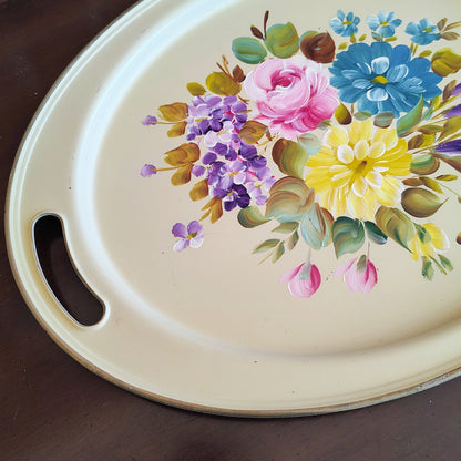 Nashco Products Hand - Painted Toleware Tray, Signed "Van" — Floral, Beige, 19.5" × 14.25" - Loom Vintage