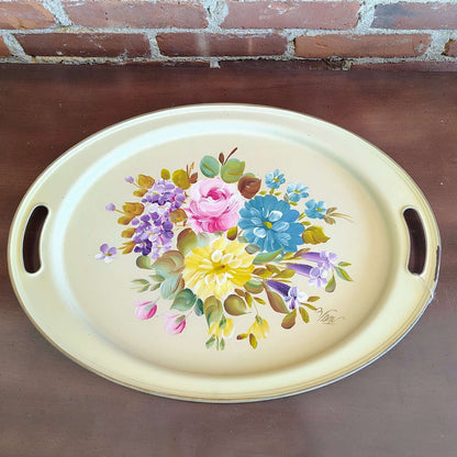 Nashco Products Hand - Painted Toleware Tray, Signed "Van" — Floral, Beige, 19.5" × 14.25" - Loom Vintage