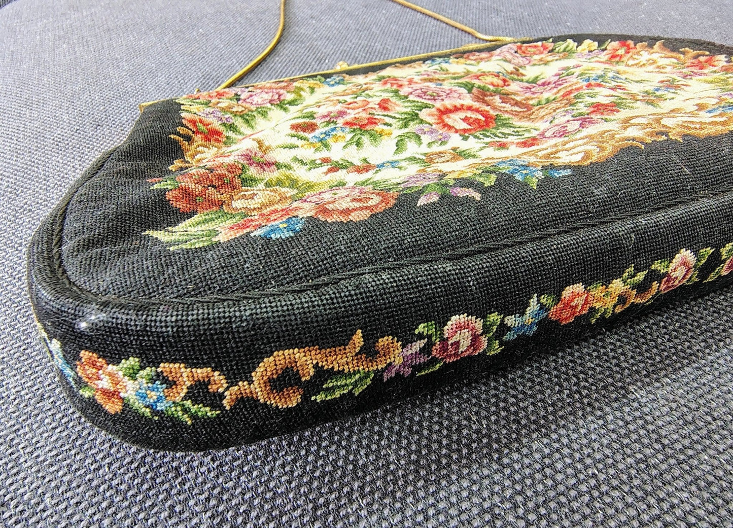 Needlepoint Tapestry Evening Bag 1950s — Floral Bouquet, Gold Kiss - Lock Frame, Chain Handle - Loom Vintage
