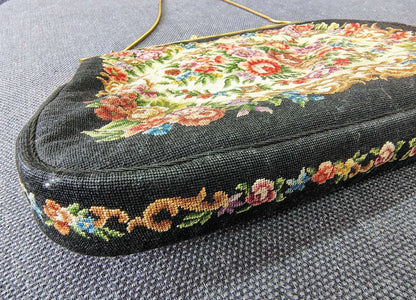 Needlepoint Tapestry Evening Bag 1950s — Floral Bouquet, Gold Kiss - Lock Frame, Chain Handle - Loom Vintage