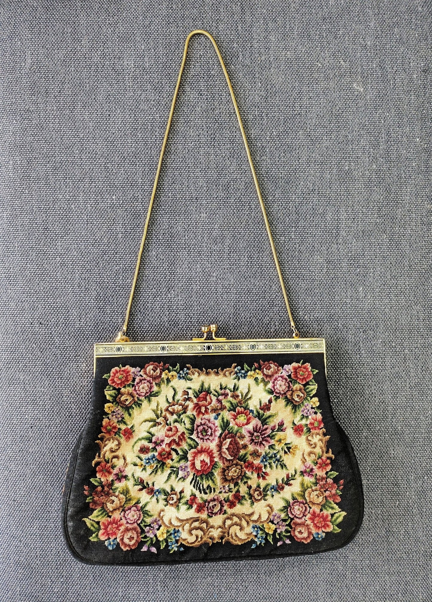Needlepoint Tapestry Evening Bag 1950s — Floral Bouquet, Gold Kiss - Lock Frame, Chain Handle - Loom Vintage