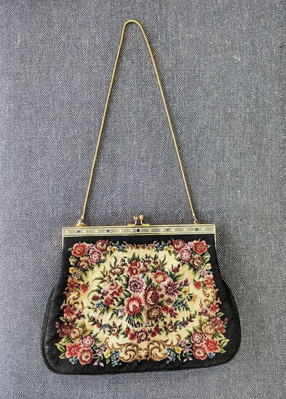 Needlepoint Tapestry Evening Bag 1950s — Floral Bouquet, Gold Kiss - Lock Frame, Chain Handle - Loom Vintage