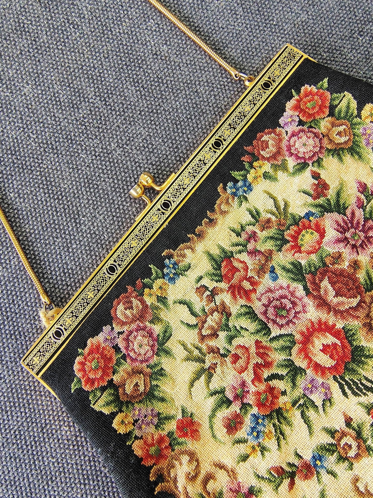 Needlepoint Tapestry Evening Bag 1950s — Floral Bouquet, Gold Kiss - Lock Frame, Chain Handle - Loom Vintage