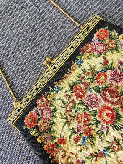 Needlepoint Tapestry Evening Bag 1950s — Floral Bouquet, Gold Kiss - Lock Frame, Chain Handle - Loom Vintage