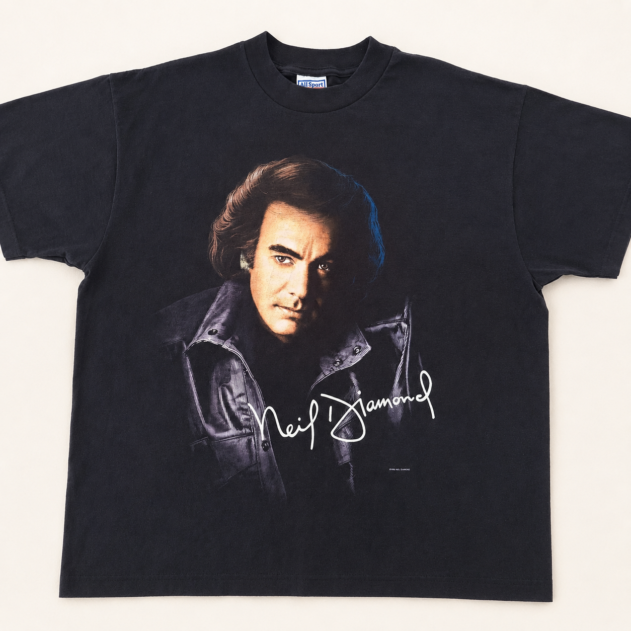 Neil Diamond 1996 U.S. Tour tee front, portrait graphic and printed signature on black cotton