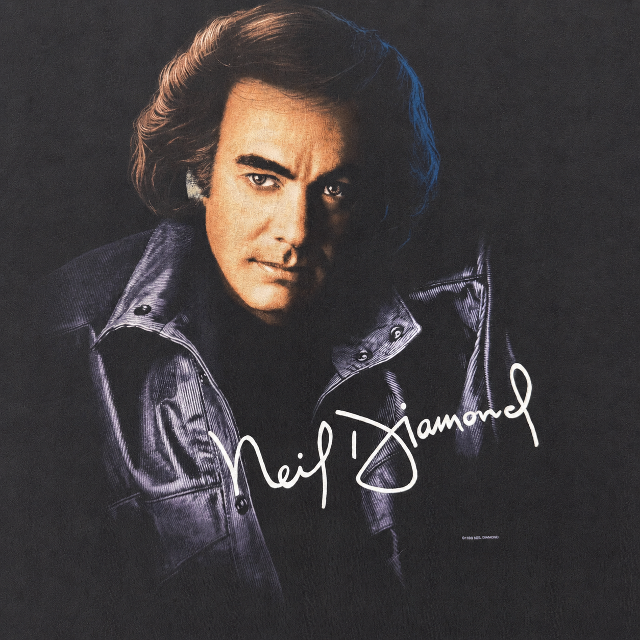 Close-up of Neil Diamond portrait and signature print, clean uncracked graphic on vintage tee