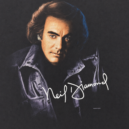 Close-up of Neil Diamond portrait and signature print, clean uncracked graphic on vintage tee