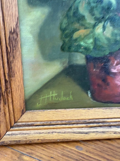 Oil Painting of Potted Flowers Signed by J. Hudock, Framed - Loom Vintage