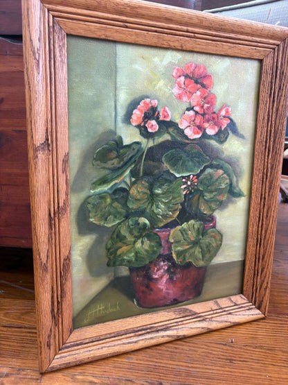 Oil Painting of Potted Flowers Signed by J. Hudock, Framed - Loom Vintage