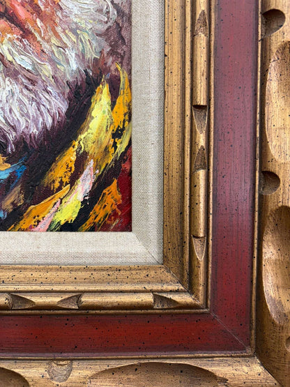Oil Portrait — Bearded Man in Beret, Expressionist, Mid - Century, Framed 18″ × 16″ - Loom Vintage