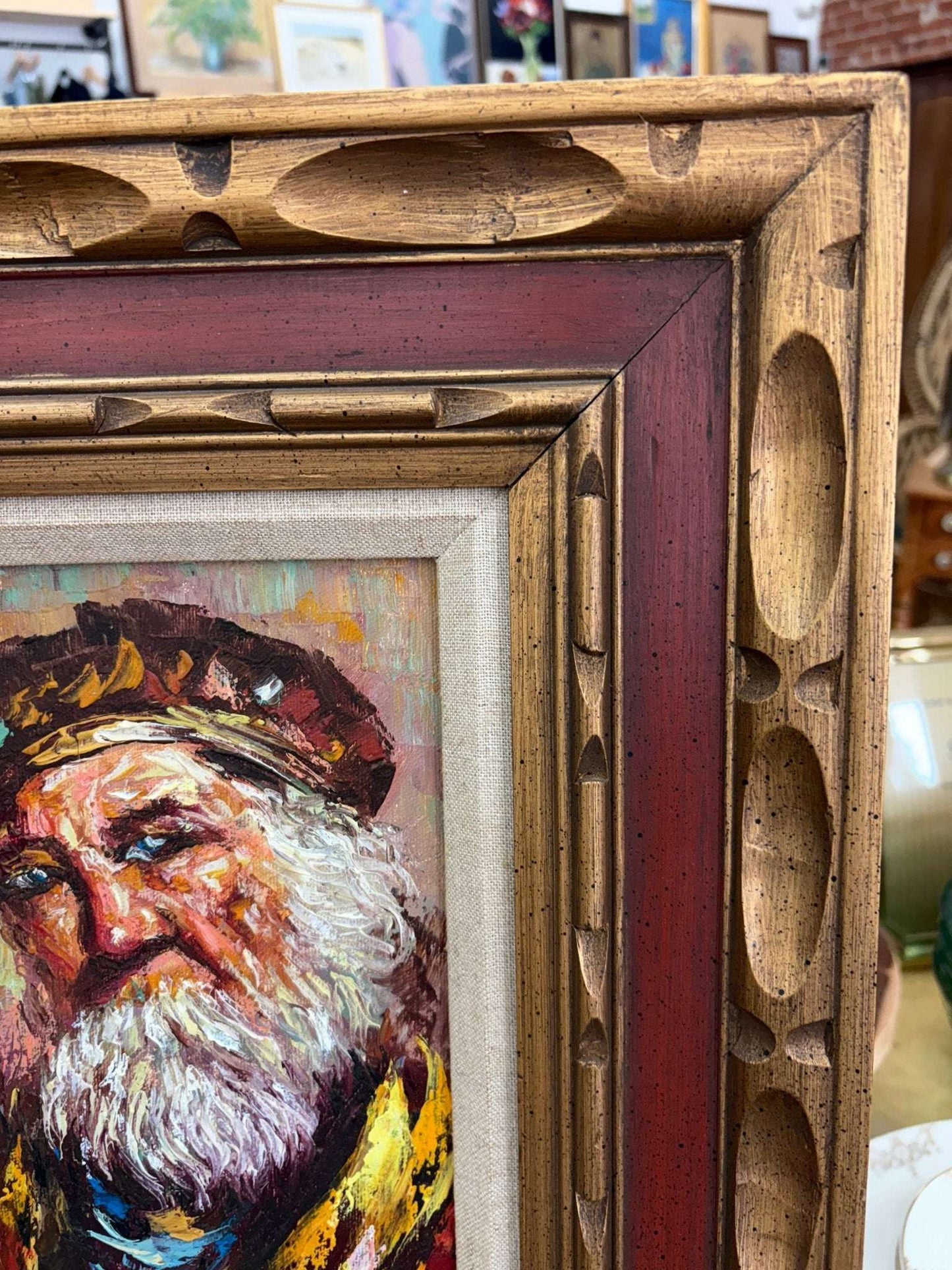 Oil Portrait — Bearded Man in Beret, Expressionist, Mid - Century, Framed 18″ × 16″ - Loom Vintage