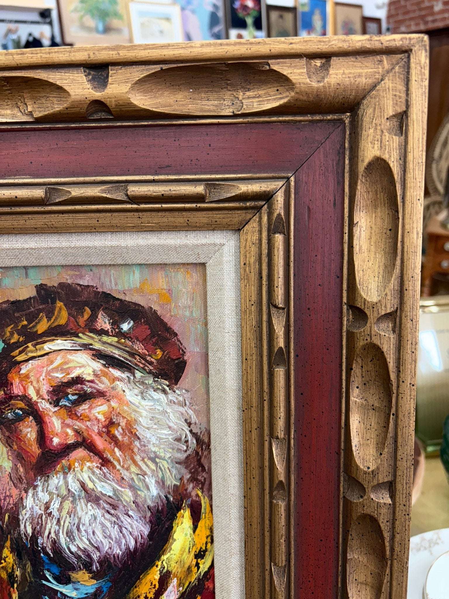 Oil Portrait — Bearded Man in Beret, Expressionist, Mid - Century, Framed 18″ × 16″ - Loom Vintage
