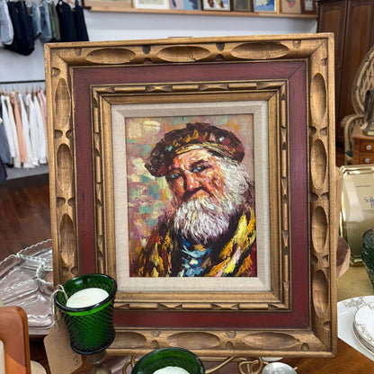 Oil Portrait — Bearded Man in Beret, Expressionist, Mid - Century, Framed 18″ × 16″ - Loom Vintage