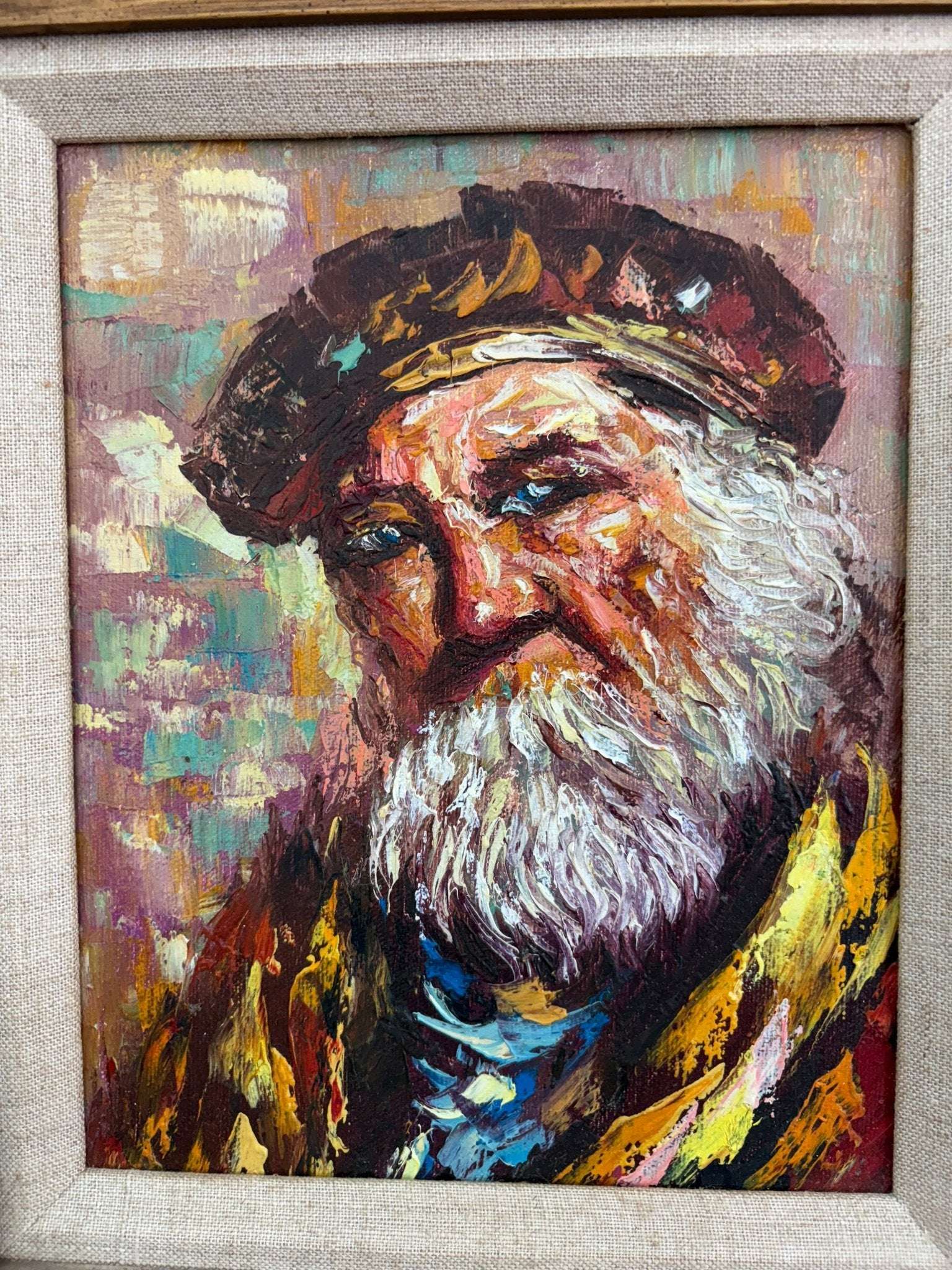 Oil Portrait — Bearded Man in Beret, Expressionist, Mid - Century, Framed 18″ × 16″ - Loom Vintage