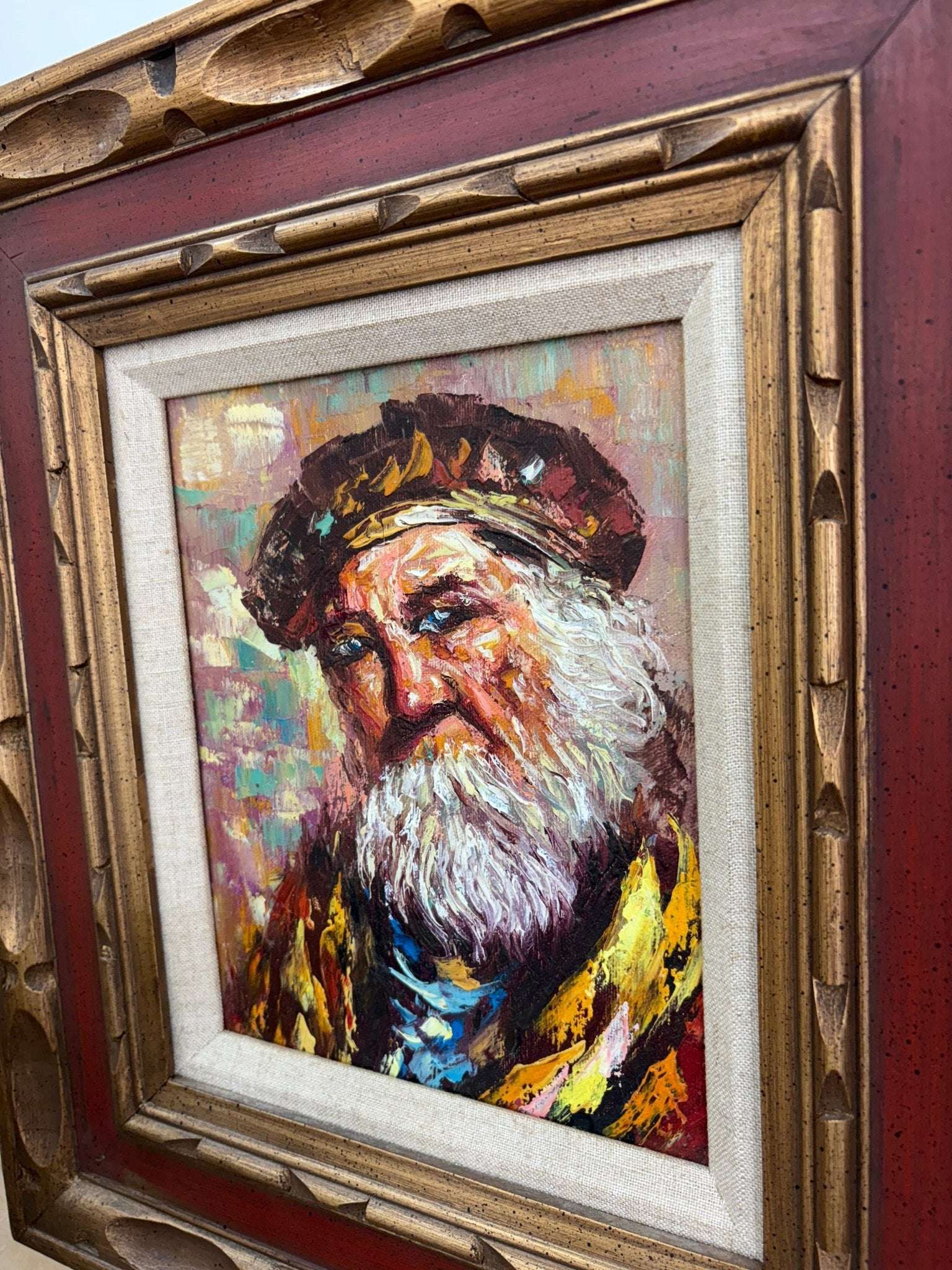 Oil Portrait — Bearded Man in Beret, Expressionist, Mid - Century, Framed 18″ × 16″ - Loom Vintage