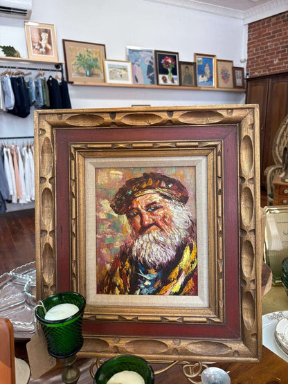 Oil Portrait — Bearded Man in Beret, Expressionist, Mid - Century, Framed 18″ × 16″ - Loom Vintage