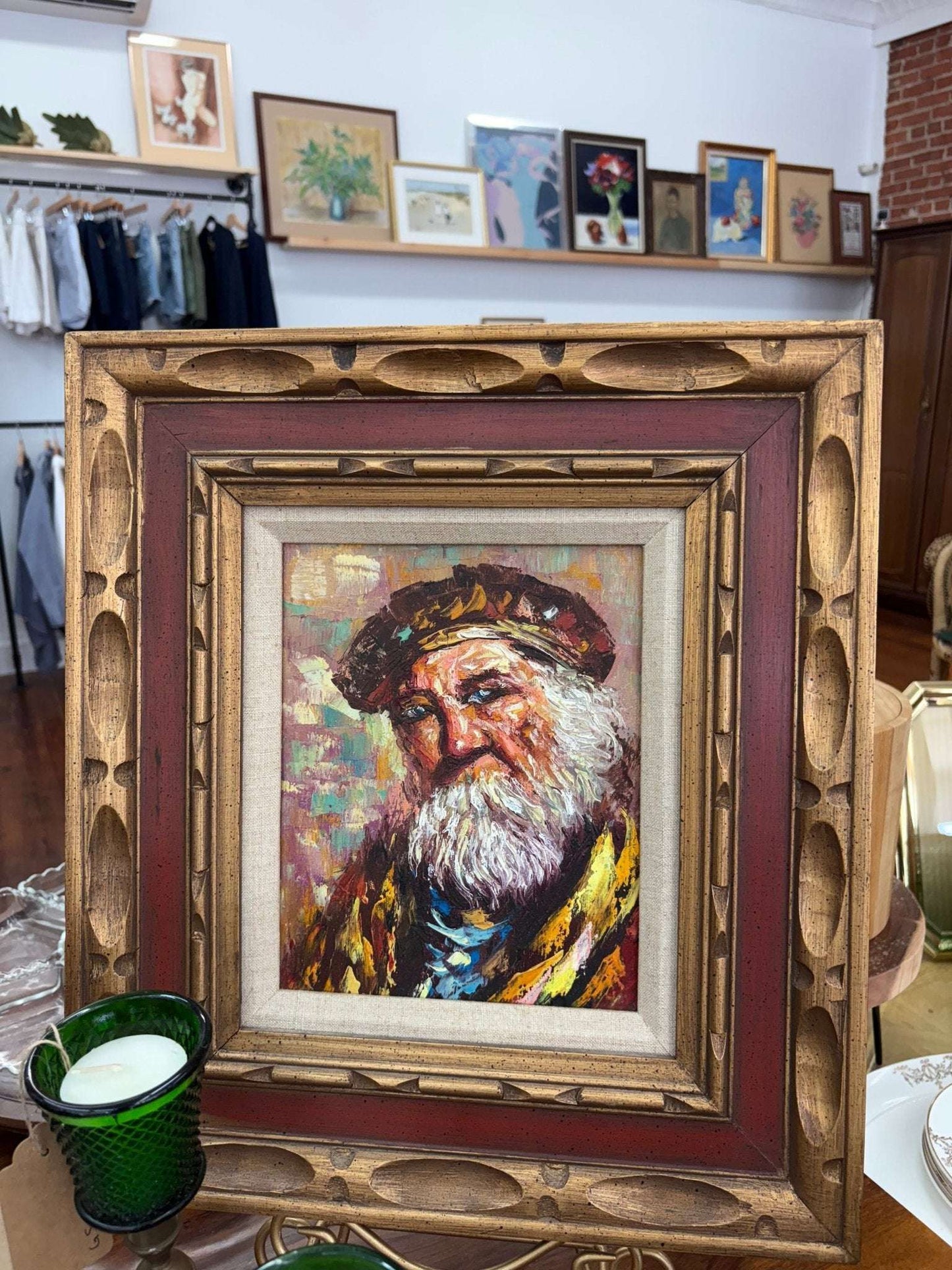 Oil Portrait — Bearded Man in Beret, Expressionist, Mid - Century, Framed 18″ × 16″ - Loom Vintage