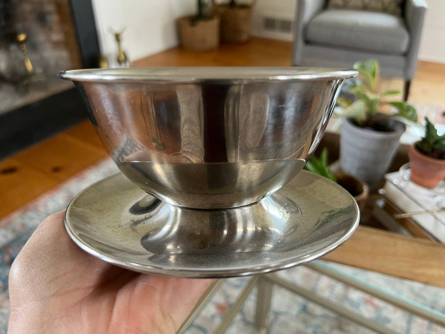 Oneida 18/8 Stainless Steel Revere Bowl with Plate — Mid - Century, 6.25"W - Loom Vintage