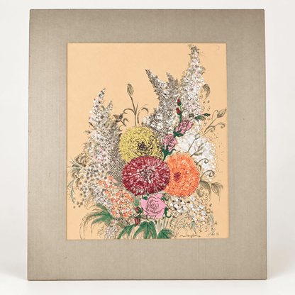 Original 1961 floral bouquet ink and watercolor painting by Mimi Engelson in champagne silk mat, photo 1 of 6