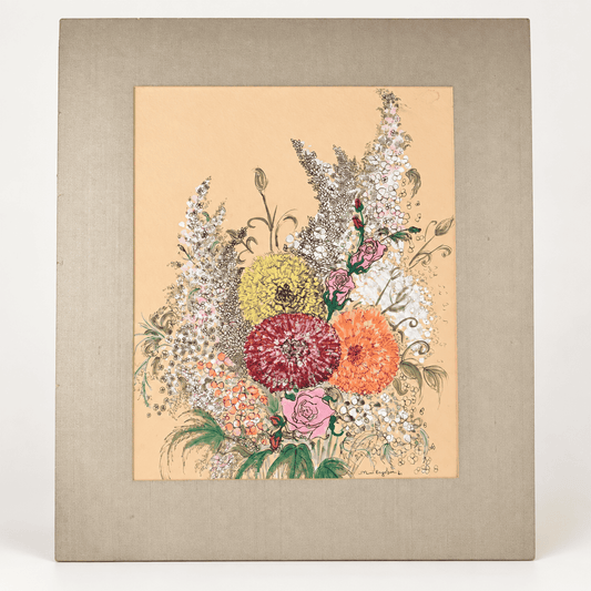 Original 1961 floral bouquet ink and watercolor painting by Mimi Engelson in champagne silk mat, photo 1 of 6