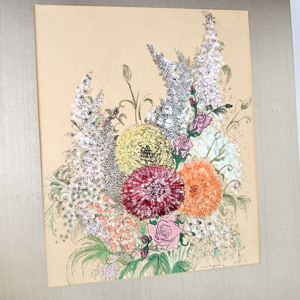 Front view of Mimi Engelson floral painting with carnations, roses and lilac on peach paper, photo 2 of 6