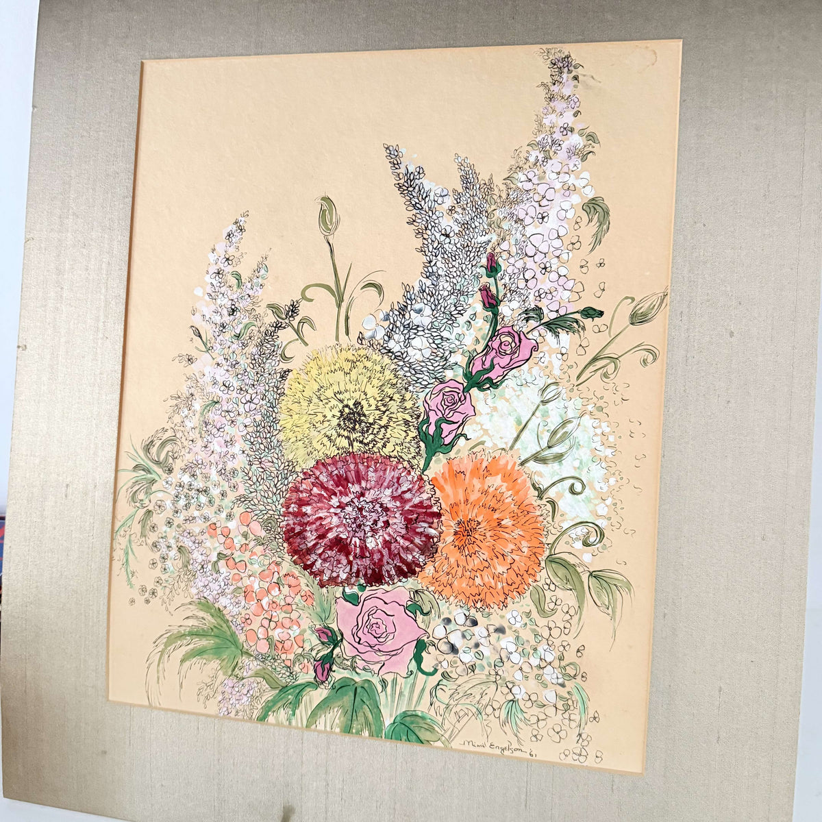 Angled view of 1961 floral watercolor painting in silk-covered mat, photo 3 of 6