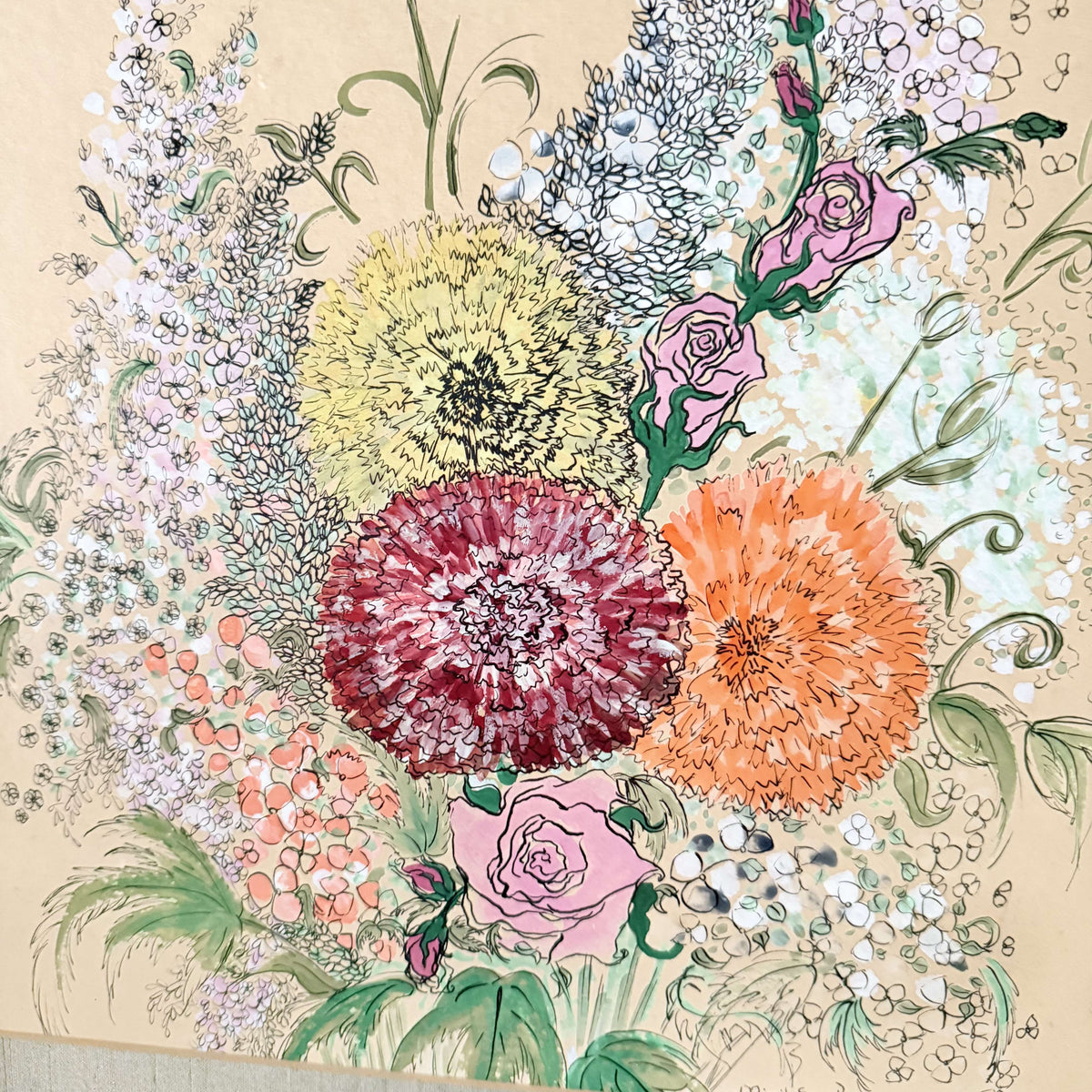 Close-up of yellow, raspberry and tangerine carnations in ink and watercolor, photo 4 of 6