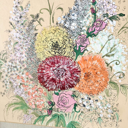 Close-up of yellow, raspberry and tangerine carnations in ink and watercolor, photo 4 of 6