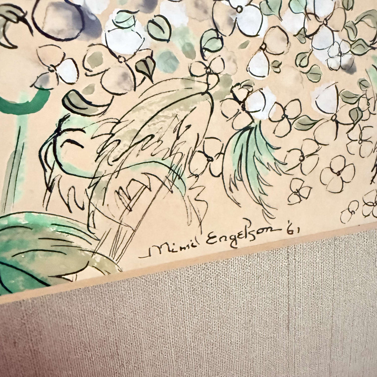 Close-up of Mimi Engelson 61 signature and ink line work, photo 5 of 6