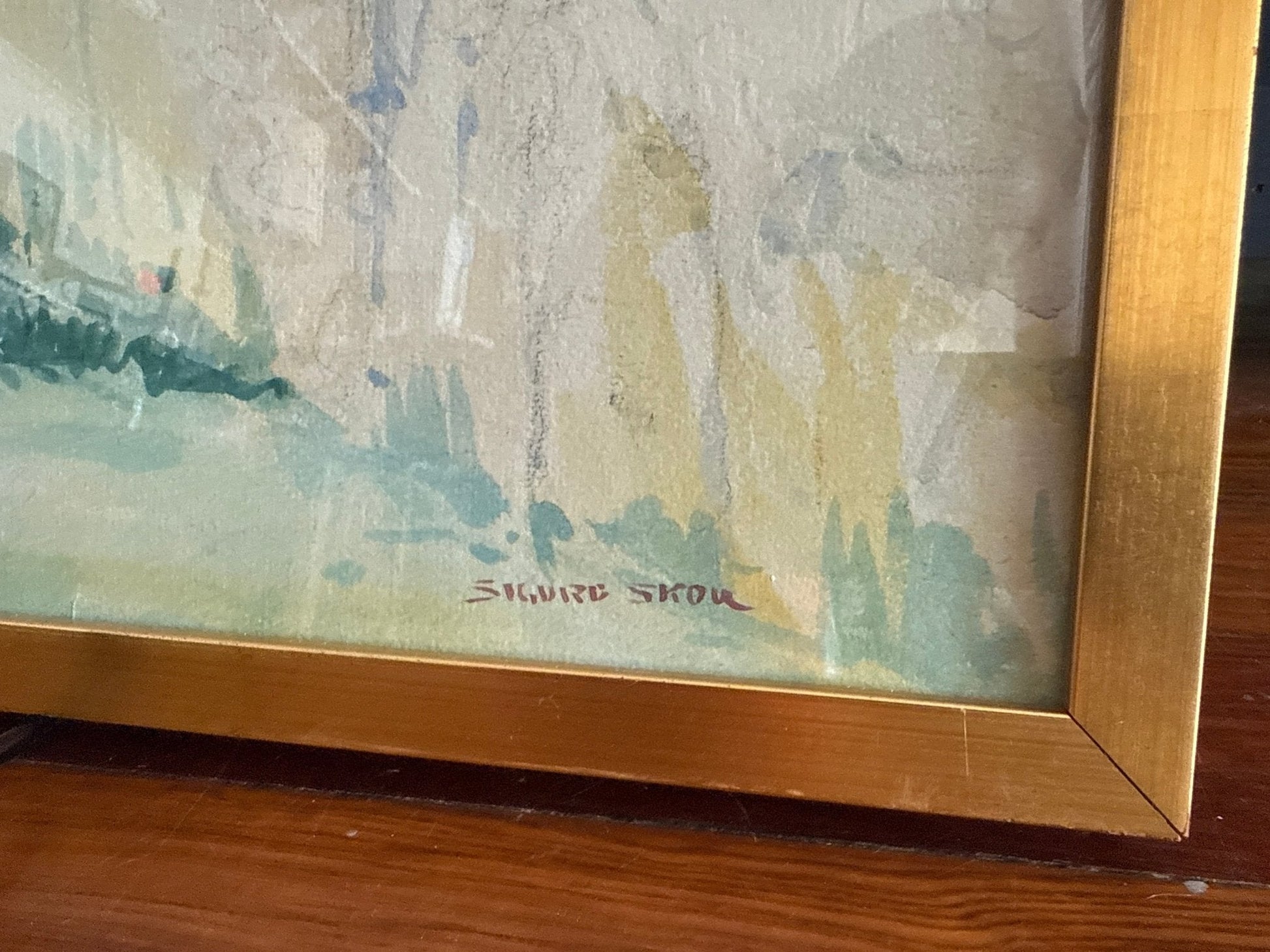 Original Watercolor by Sigurd Skou – Framed Architectural Scene with Cat - Loom Vintage