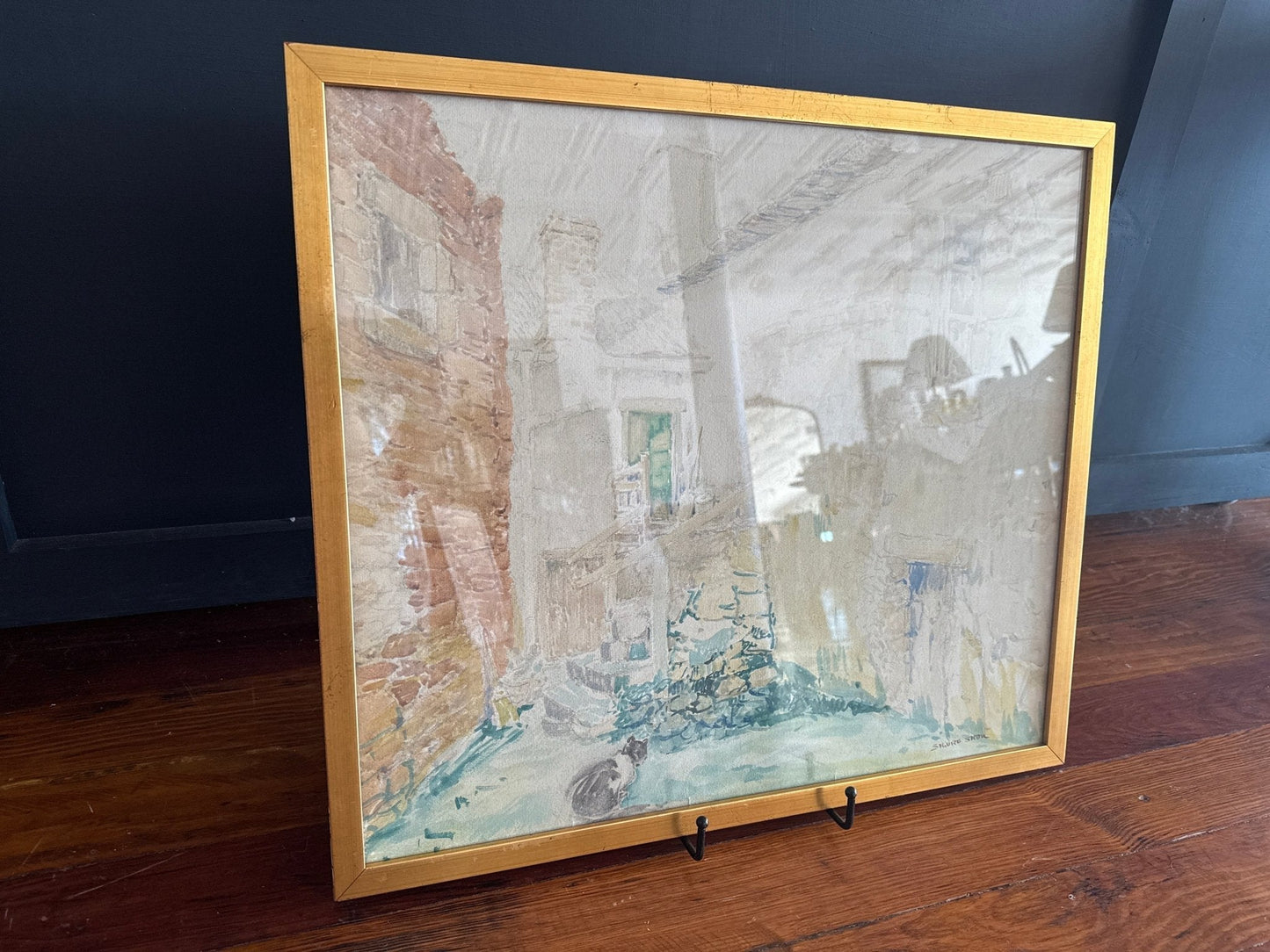 Original Watercolor by Sigurd Skou – Framed Architectural Scene with Cat - Loom Vintage