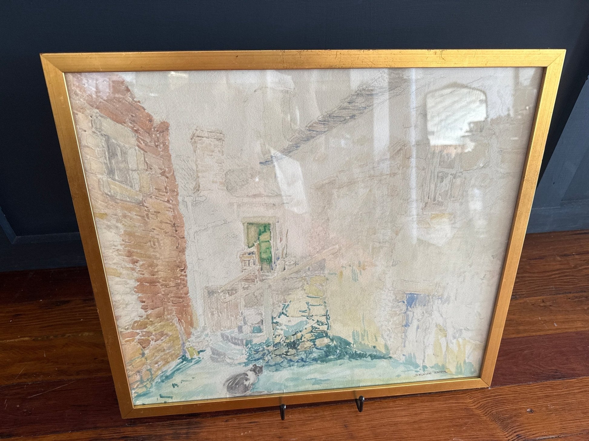 Original Watercolor by Sigurd Skou – Framed Architectural Scene with Cat - Loom Vintage