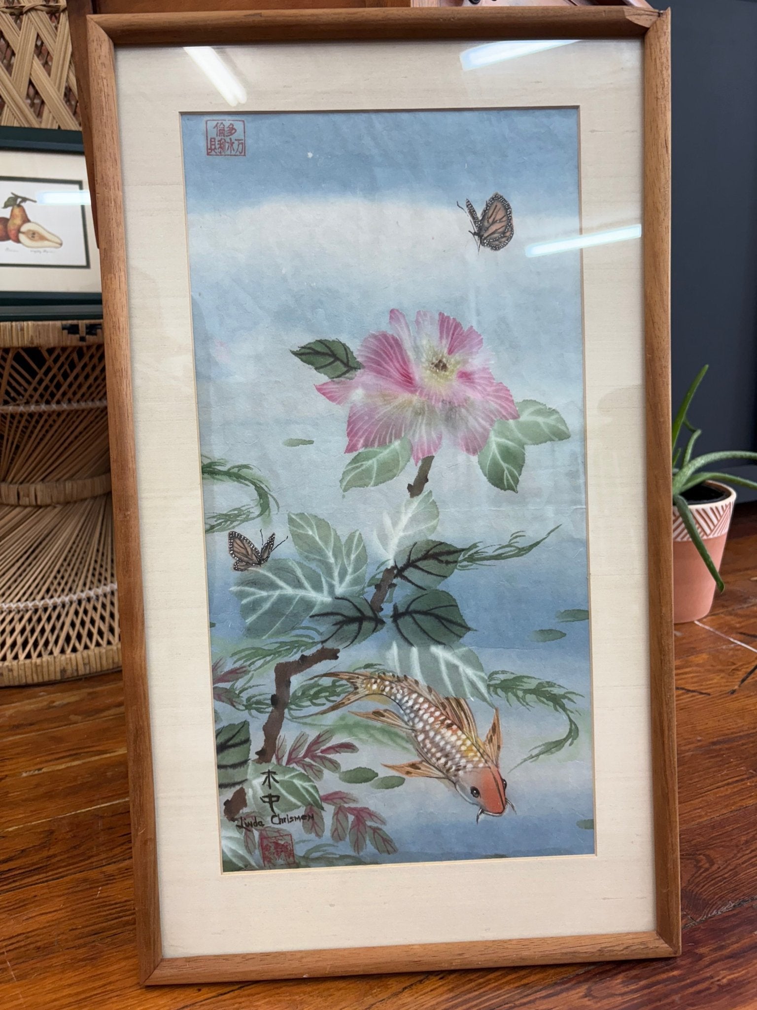Original Watercolor – Koi, Butterflies & Hibiscus by Linda Chrismen, Framed - Loom Vintage