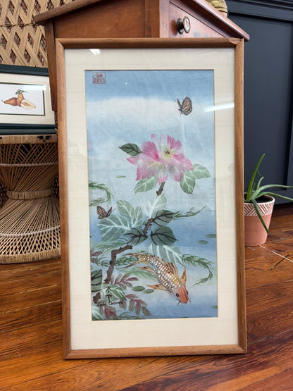 Original Watercolor – Koi, Butterflies & Hibiscus by Linda Chrismen, Framed - Loom Vintage