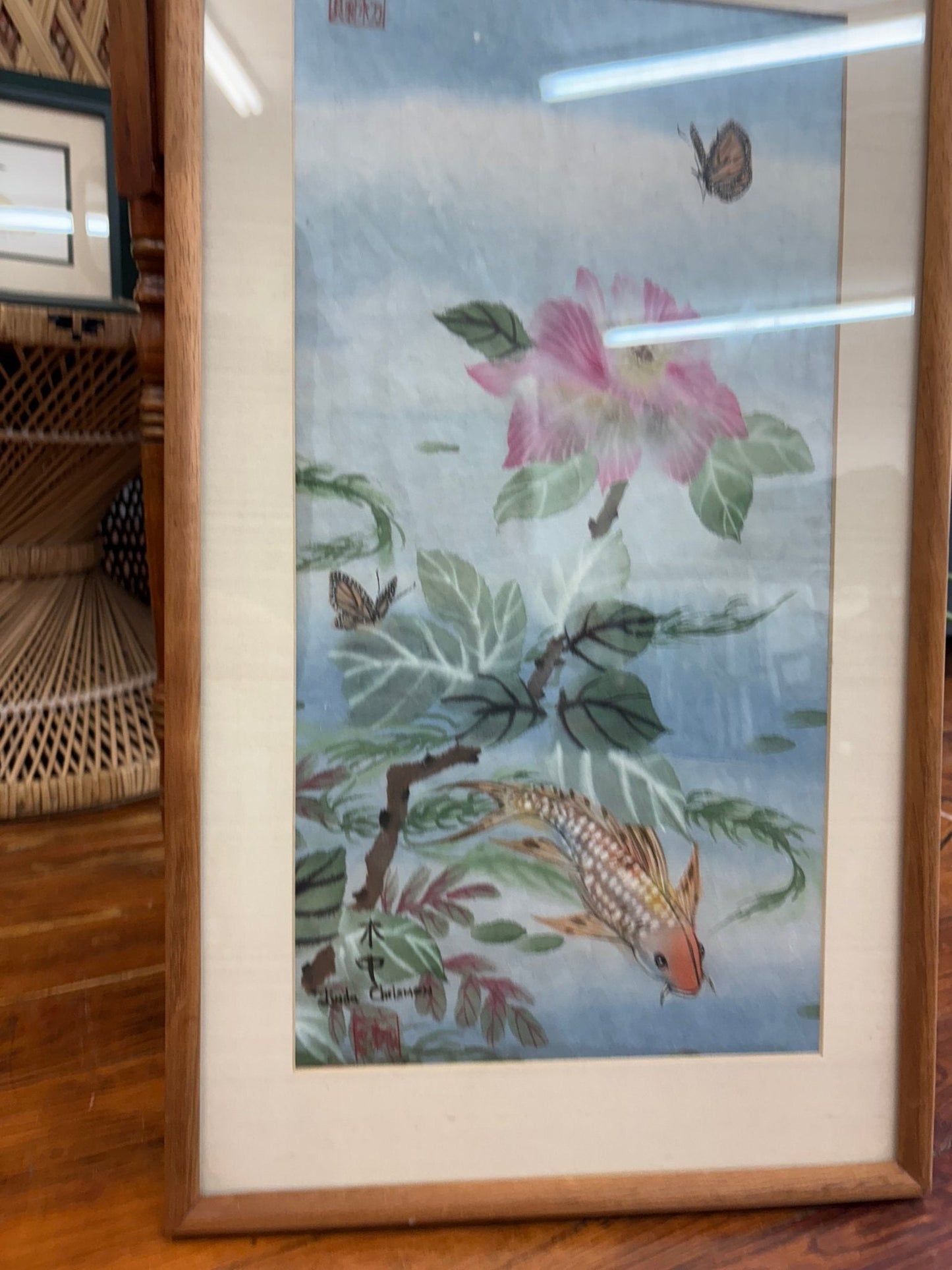 Original Watercolor – Koi, Butterflies & Hibiscus by Linda Chrismen, Framed - Loom Vintage