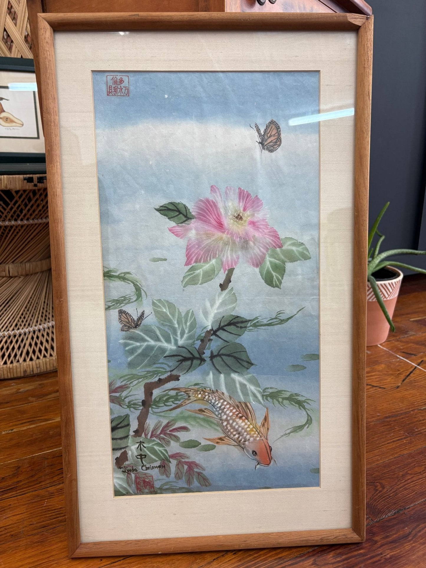 Original Watercolor – Koi, Butterflies & Hibiscus by Linda Chrismen, Framed - Loom Vintage