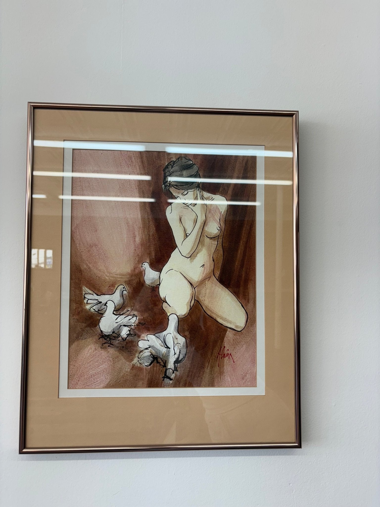 Original Watercolor, Nude with Doves — Signed "Alain," Mid - Century Figurative - Loom Vintage