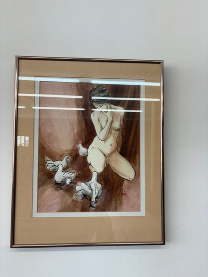 Original Watercolor, Nude with Doves — Signed "Alain," Mid - Century Figurative - Loom Vintage