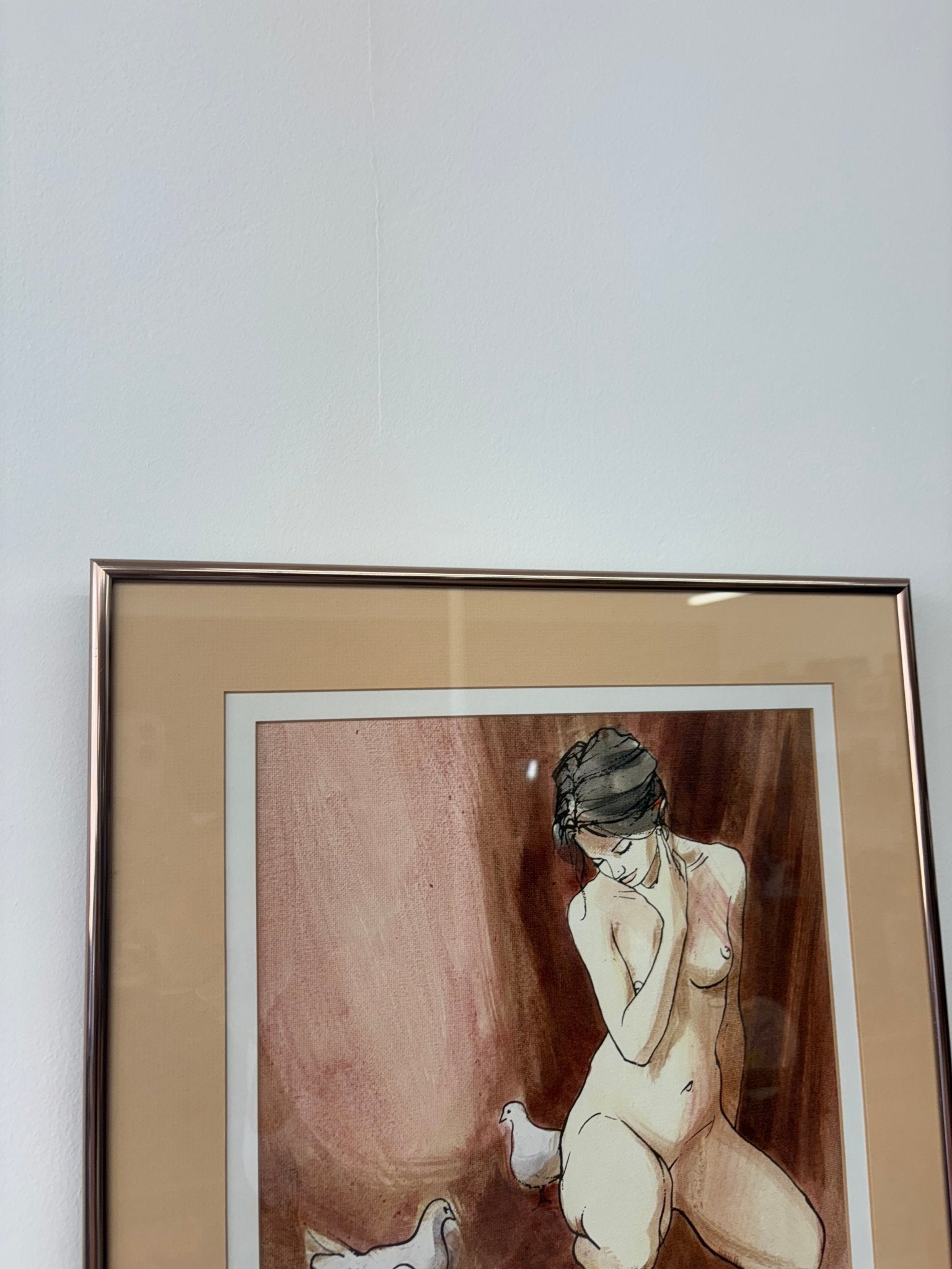 Original Watercolor, Nude with Doves — Signed "Alain," Mid - Century Figurative - Loom Vintage