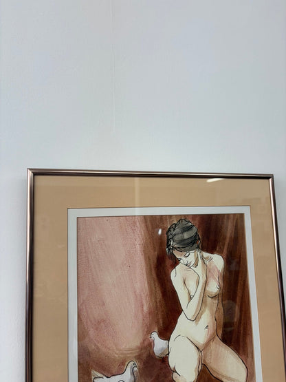 Original Watercolor, Nude with Doves — Signed "Alain," Mid - Century Figurative - Loom Vintage