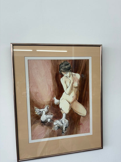 Original Watercolor, Nude with Doves — Signed "Alain," Mid - Century Figurative - Loom Vintage
