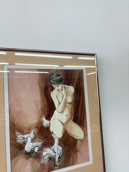Original Watercolor, Nude with Doves — Signed "Alain," Mid - Century Figurative - Loom Vintage