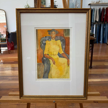 Original Watercolor “Woman in a Yellow Dress” by Leigh Gustafson, Framed - Loom Vintage
