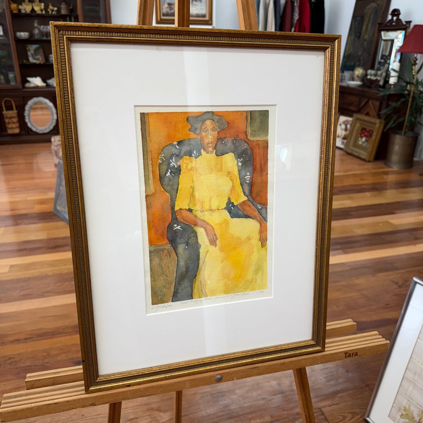 Original Watercolor “Woman in a Yellow Dress” by Leigh Gustafson, Framed - Loom Vintage