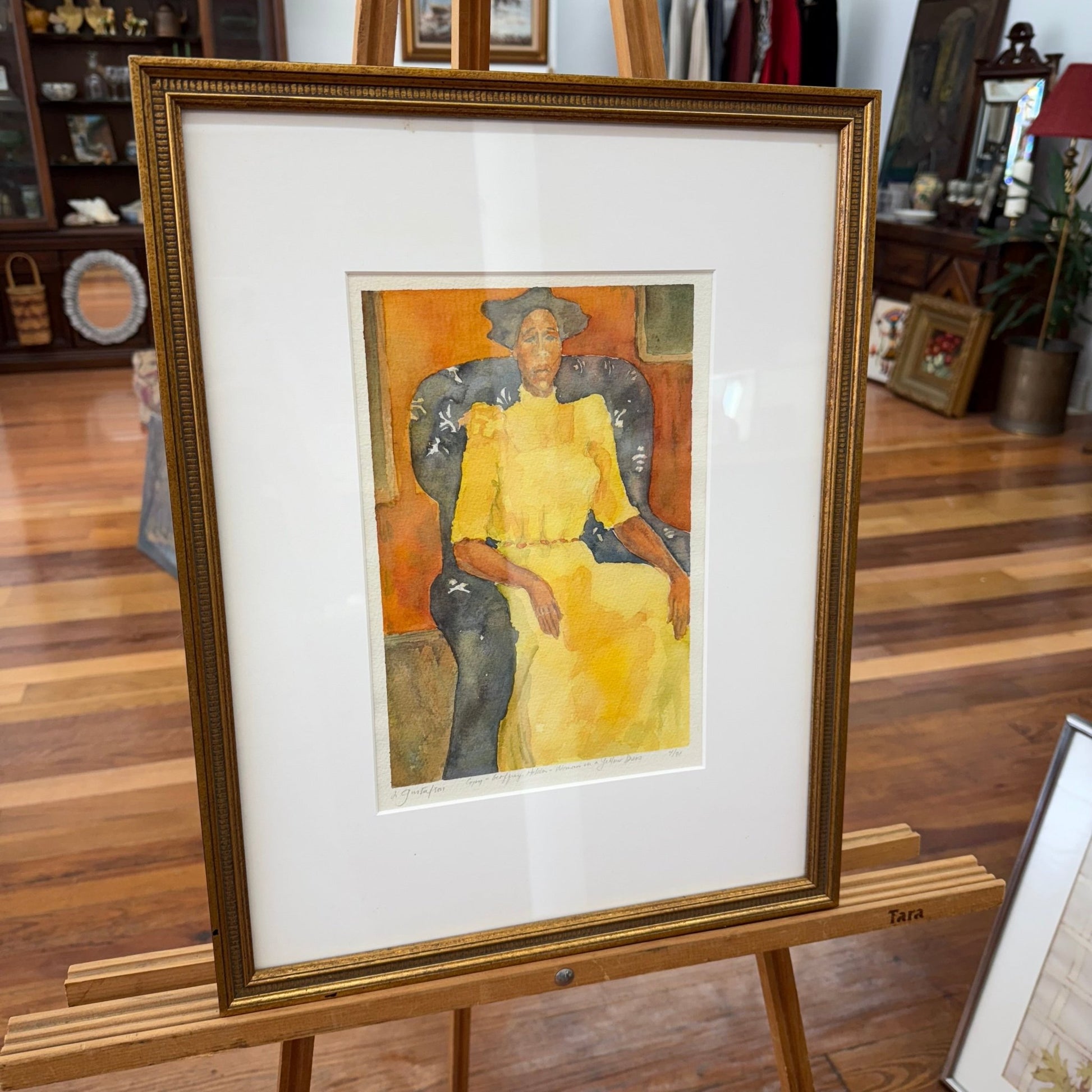 Original Watercolor “Woman in a Yellow Dress” by Leigh Gustafson, Framed - Loom Vintage
